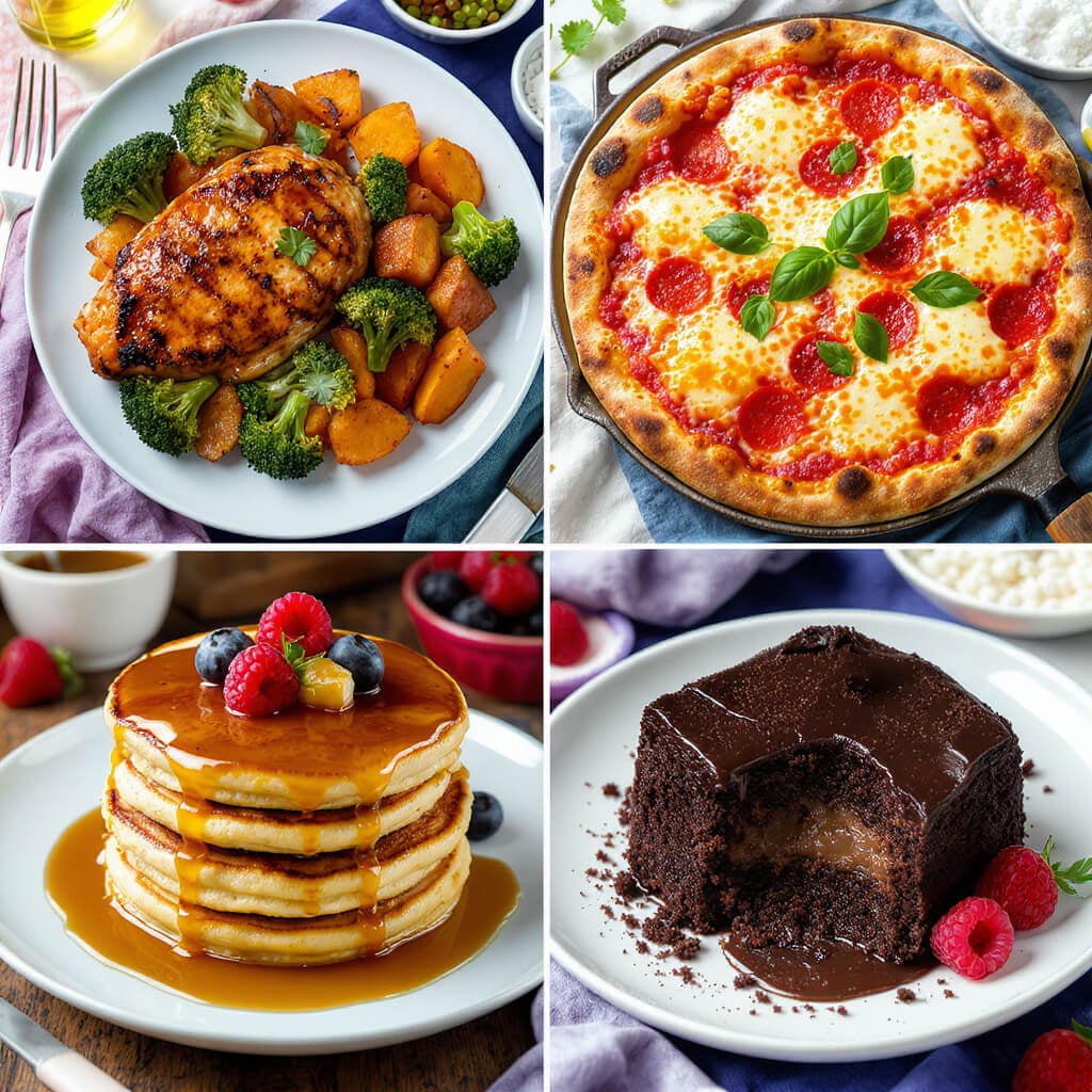 Collage of grilled chicken, pepperoni pizza, stack of pancakes, and chocolate cake.